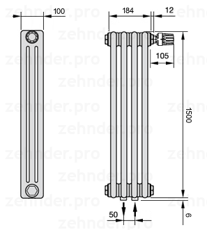 Схема (чертеж) Радиатор Zehnder Charleston 3150/4 №V008 Белый глянцевый RAL 9016